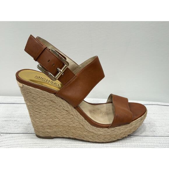 Michael Kors Womens Brown Leather Boho Buckle Strap Espadrille Wedge Sandals 7 - Picture 3 of 12